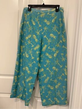 Women's Straight-Leg Pineapple Print Pants in Teal 100% silk